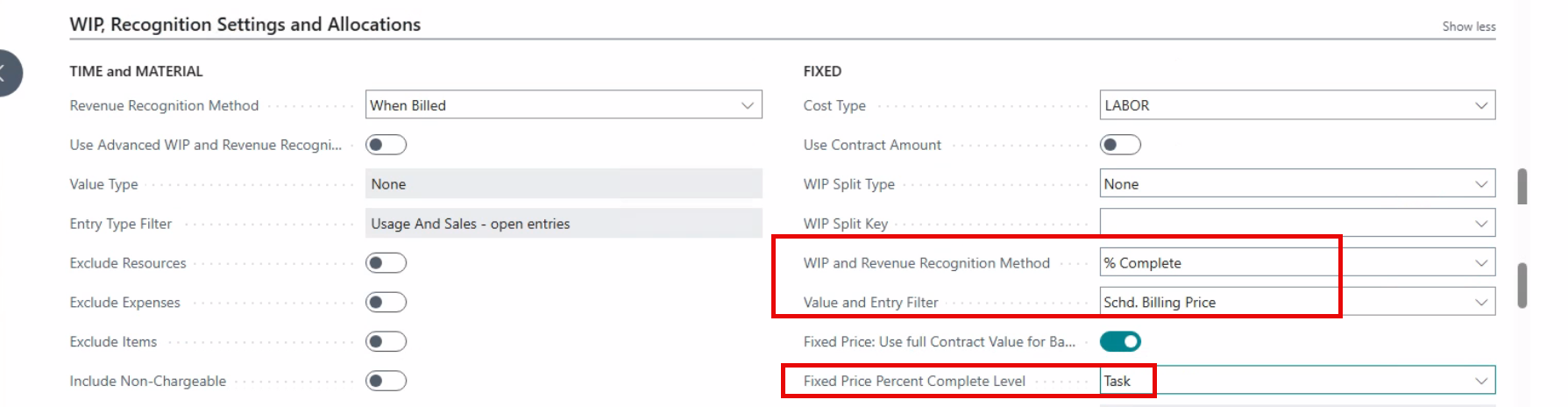 Fixed Price Task WIP Settings