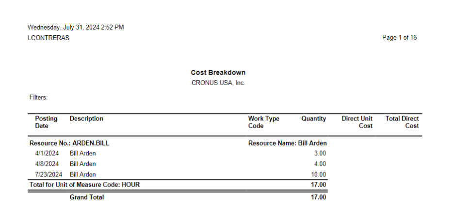 Resource Cost Breakdown